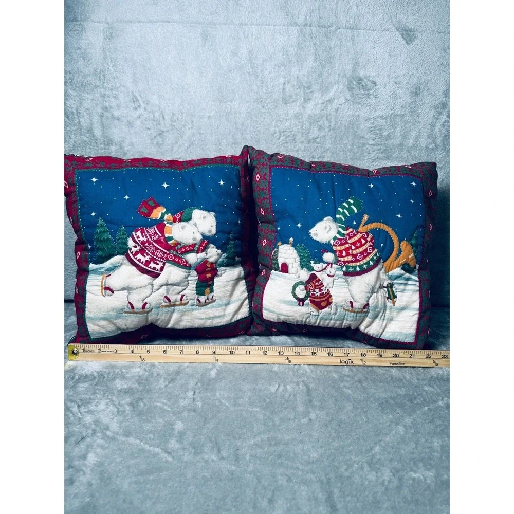 Polar Bear Christmas Vintage Throw Pillows‎ Set of 2 Quilted Reversible 12x12